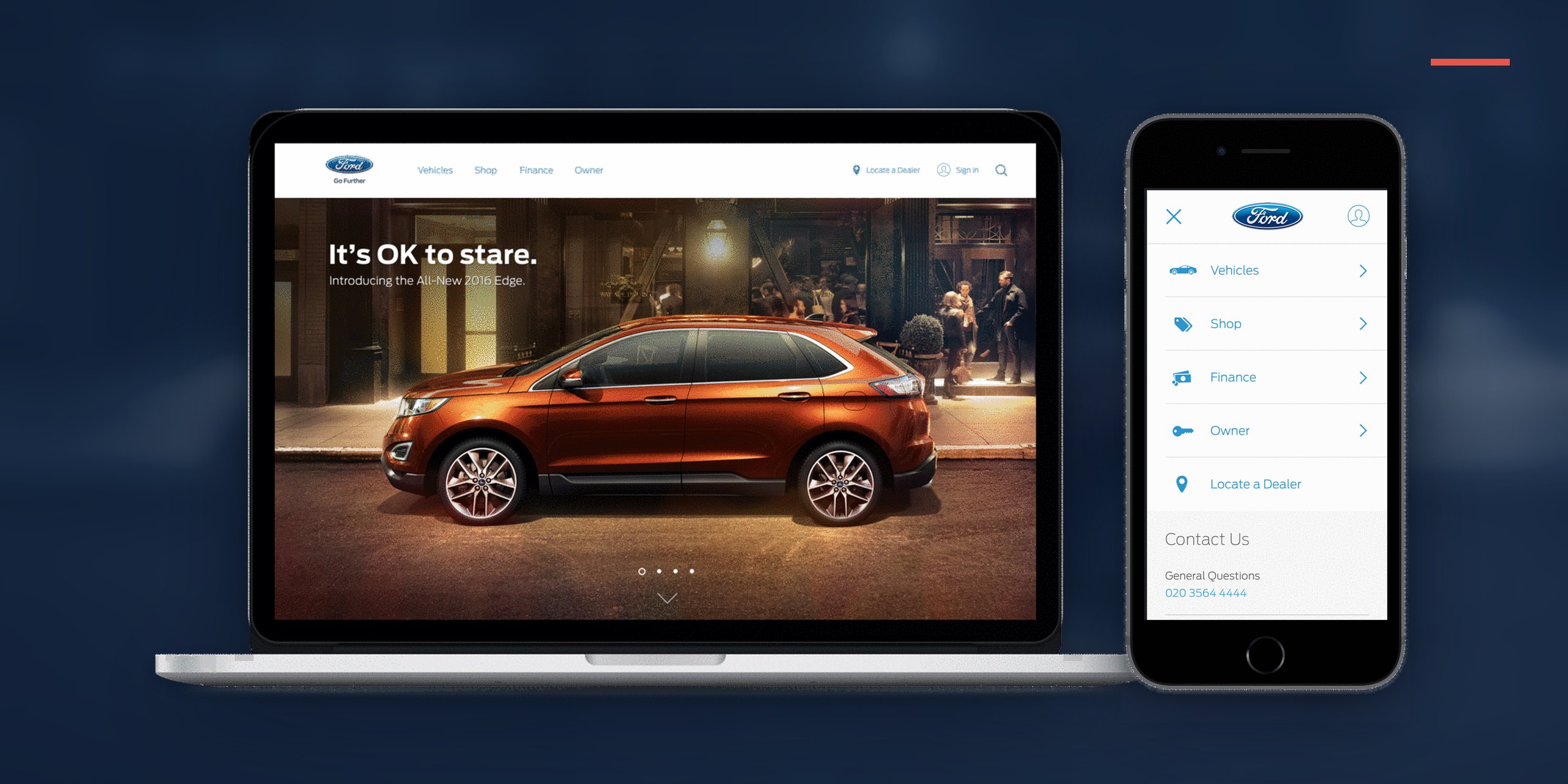 The redesigned Ford.com navigation on a laptop and a phone: Vehicles, Shop, Finance, Owner, and Locate a Dealer