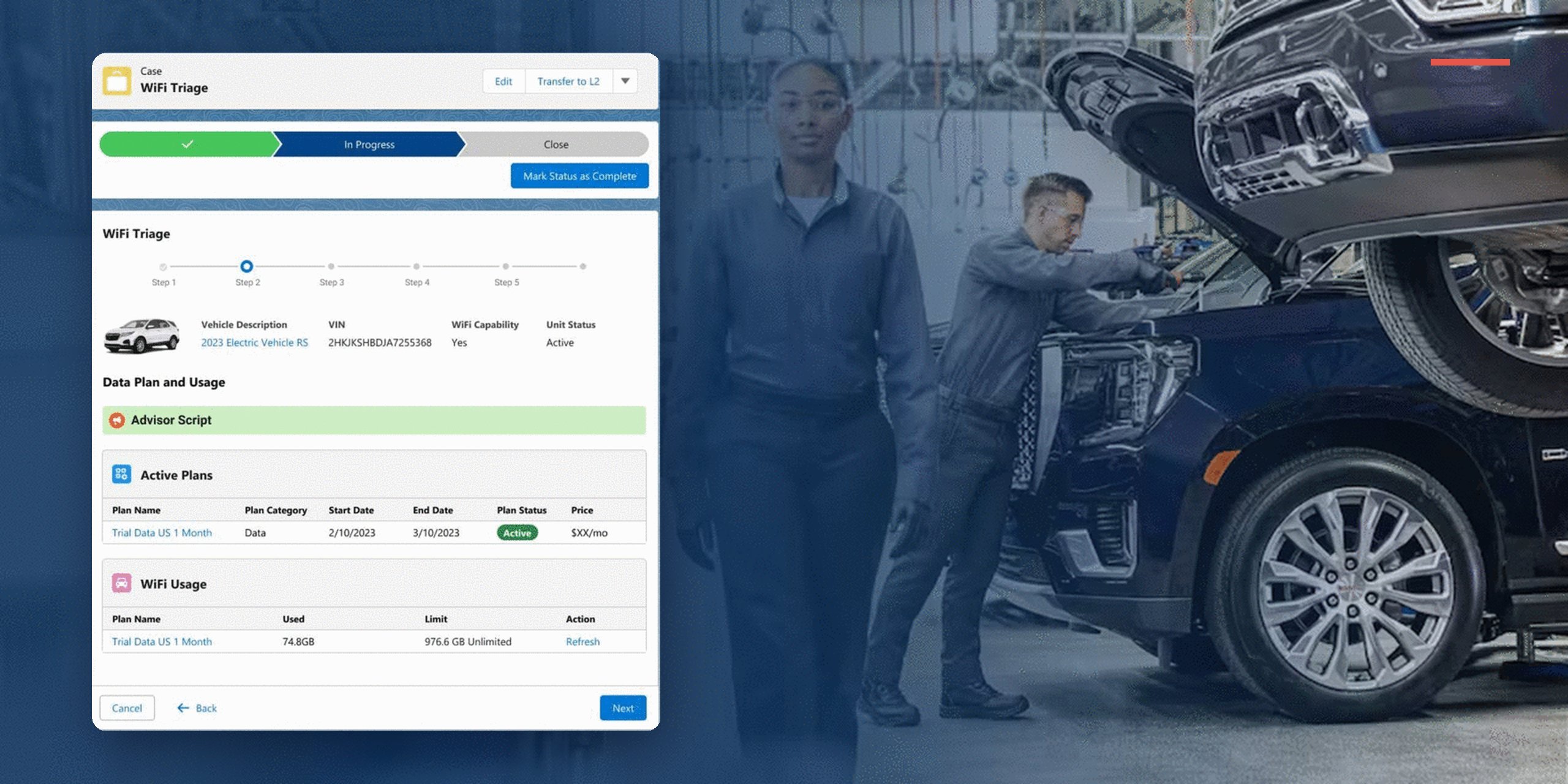 A guided workflow screen for WiFi triage, showing step progress and an advisor script, over a photo of GM service technicians