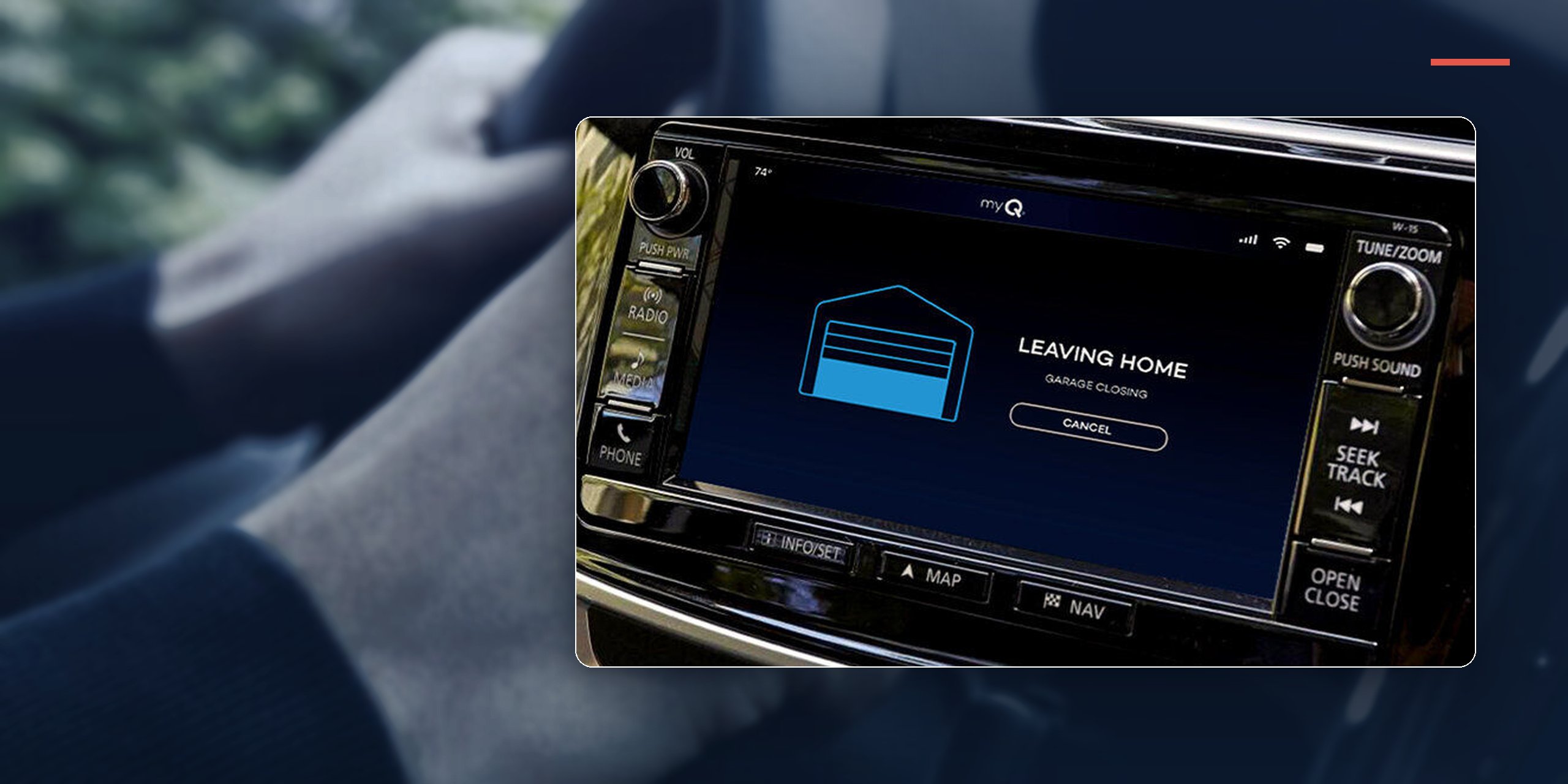 The myQ in-car screen showing Leaving home, garage closing, over a blurred photo of a hand on the steering wheel
