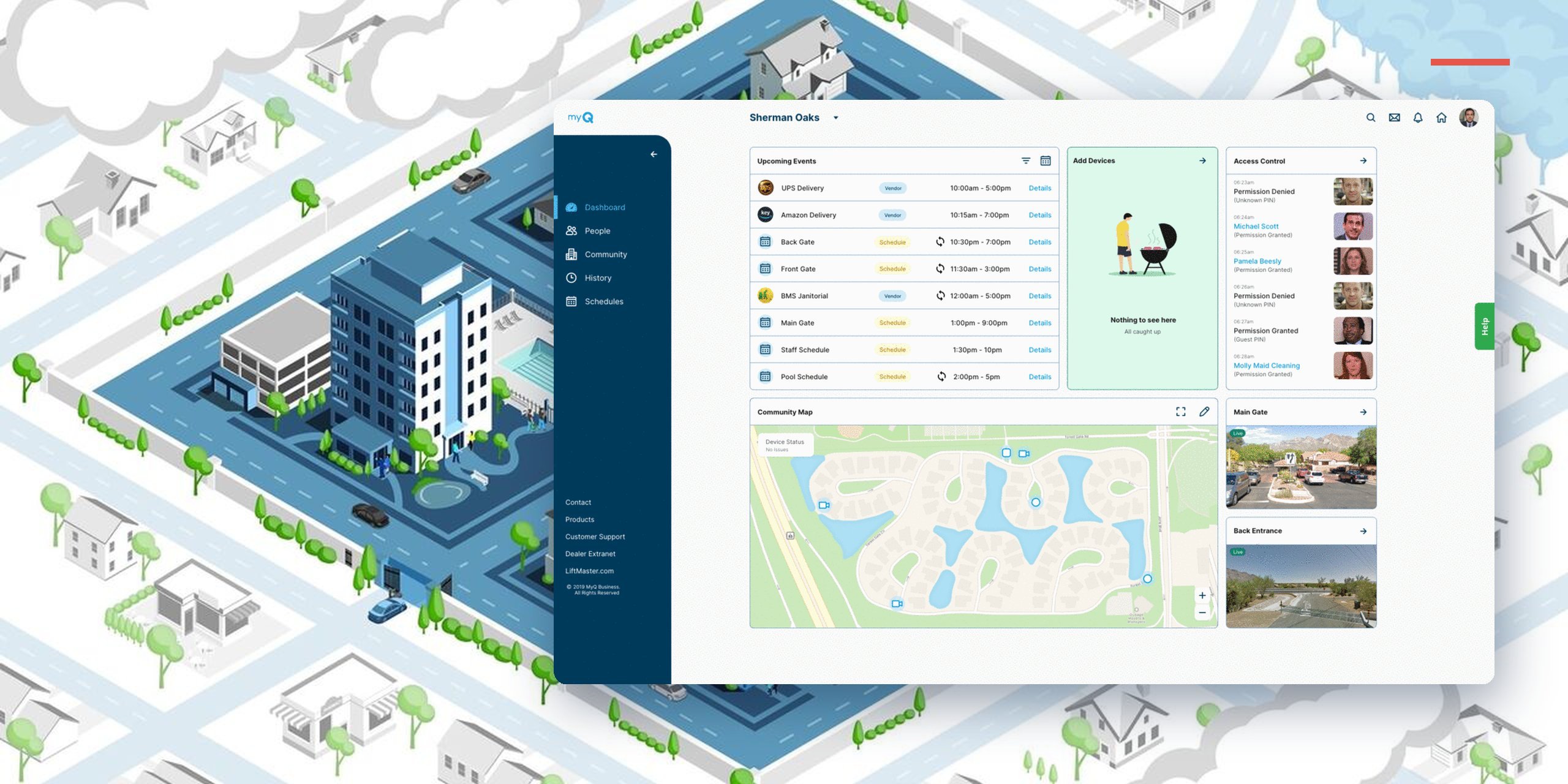 The myQ community manager dashboard, with upcoming events, access control, a community map and gate cameras, over an illustration of a gated community